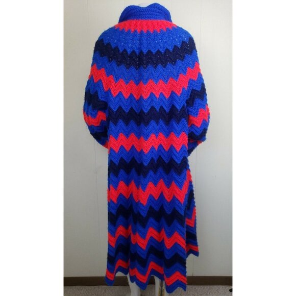 Crochet Granny Square Coat XL Cardigan Handmade Afghan Chevron Rainbow Red Blue - Picture 5 of 11